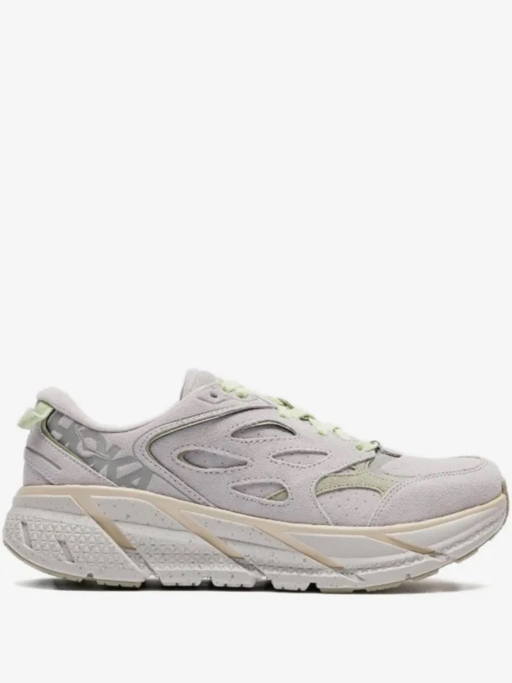 Women's Hoka Clifton 10 Neutral Light Gray Suede W/ Green Lace-Up Running Shoe